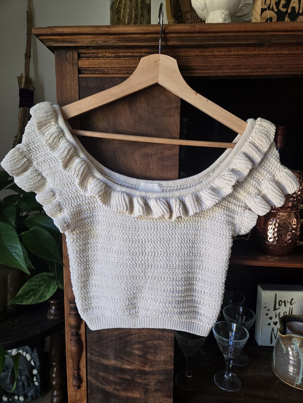 H&M Cream Knit  Off-Shoulder Ruffle Neck Cropped Knit Sweater, Small